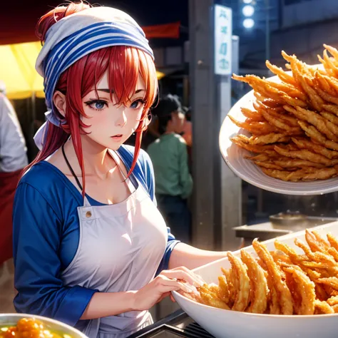 a woman with a towel wrapped around her head making a large amount of tempura at a korean night market　highest quality　wearing a...