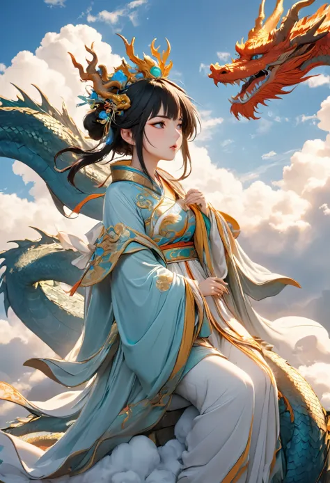 (masterpiece, best quality:1.2), bite_style,1 person,girl,goddess,dragon,cloud,Tianguan,cartoon,Octane Render