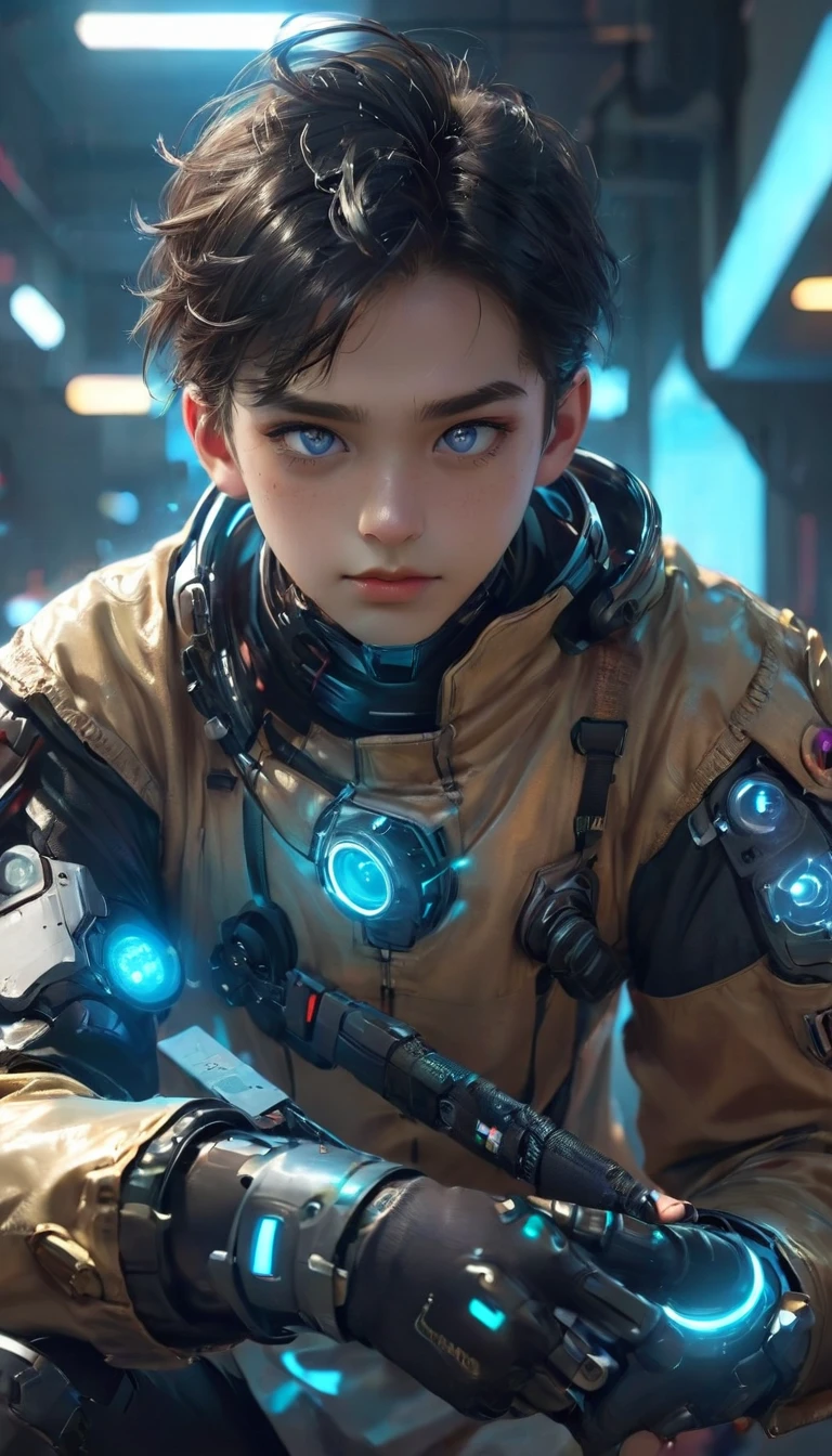 Create a futuristic gamer-style representation of Playground.AI. The character should have a high-tech look, with futuristic armor and technological accessories. His eyes could glow with cybernetic light, and he could hold a holographic device or futuristic game controller in his hands. The background should be a virtual 3D environment, with video game elements and digital interfaces. The image should evoke the idea of a playful mind evolving in an advanced, technological virtual world.
