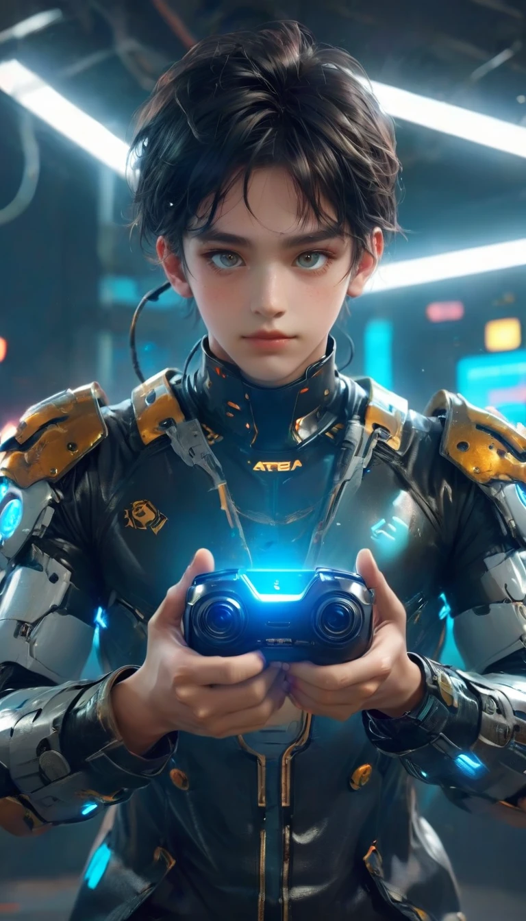 Create a futuristic gamer-style representation of Playground.AI. The character should have a high-tech look, with futuristic armor and technological accessories. His eyes could glow with cybernetic light, and he could hold a holographic device or futuristic game controller in his hands. The background should be a virtual 3D environment, with video game elements and digital interfaces. The image should evoke the idea of a playful mind evolving in an advanced, technological virtual world.
