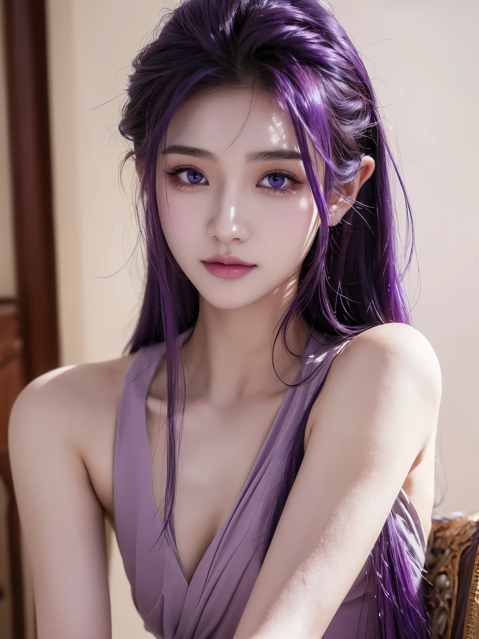 (best quality,8k,realistic,masterpiece) 18 years old East Asia female, unique appearance, uncommon face, beautiful detailed eyes, beautiful detailed lips, extremely detailed eyes and face, purple eyes pupil, glowing purple hair, ancient hairstyle, vibrant and captivating, graceful posture, charming smile, natural beauty