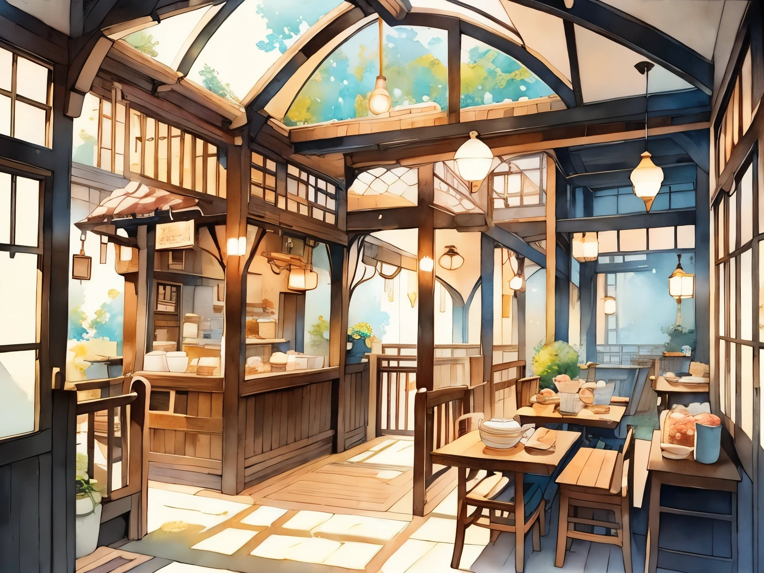 Escena de una cafetería decorada con pasteles y galletas, Estudio Ghibli, Luz y sombra suaves