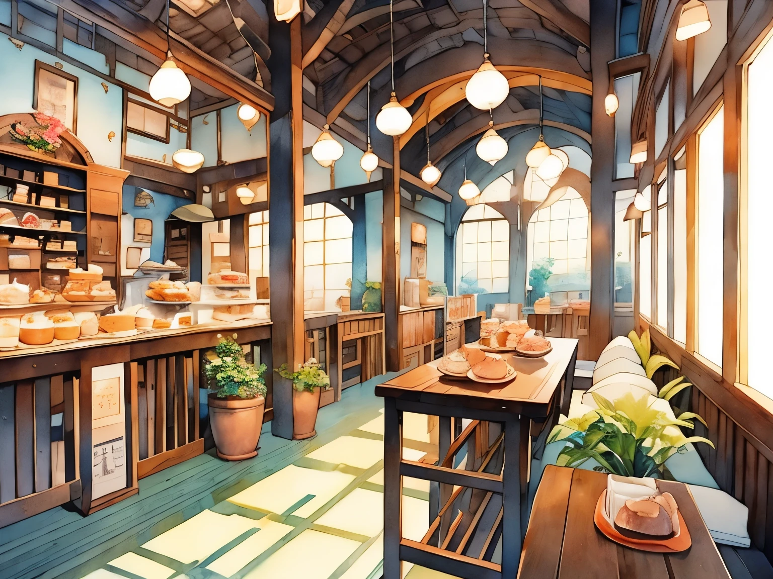 Escena de una cafetería decorada con pasteles y galletas, Estudio Ghibli, Luz y sombra suaves