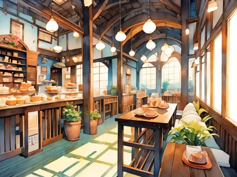 Coffee shop scenery decorated with cakes and cookies, Studio Ghibli, Soft light and shadow