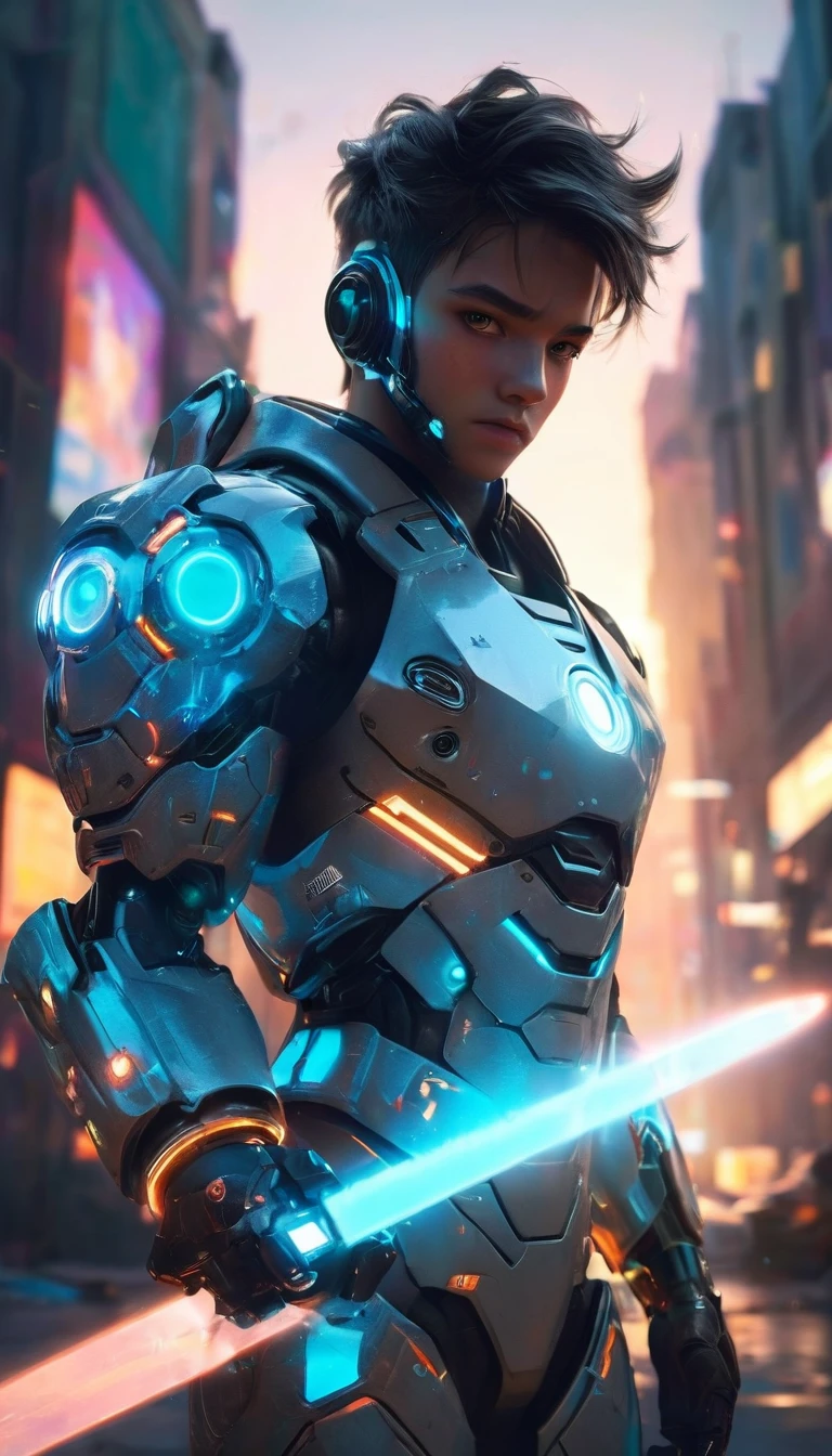 Create a futuristic gamer-style representation of Playground.AI. The character should have a high-tech look, with futuristic armor and technological accessories. His eyes could glow with cybernetic light, and he could hold a holographic device or futuristic game controller in his hands. The background should be a virtual 3D environment, with video game elements and digital interfaces. The image should evoke the idea of a playful mind evolving in an advanced, technological virtual world.
