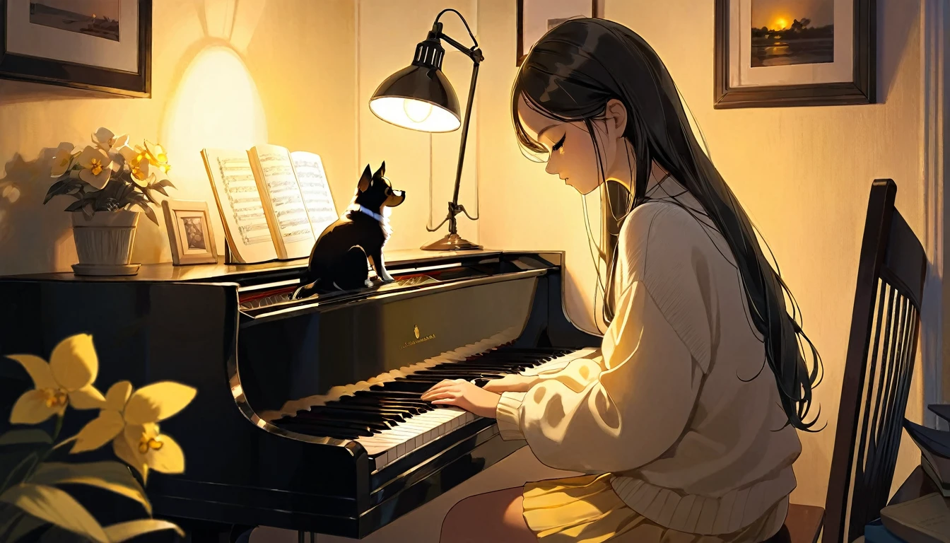 A dusk,
A girl sits in a cozy corner, draw a piano.
The soft yellow light of a desk lamp illuminates her thoughtful expression, revealing deep concentration and a calm posture.
Her gentle gaze is comforting.
It adds to the quiet evening atmosphere, creating a peaceful and tranquil look,with Papillon the dog.
