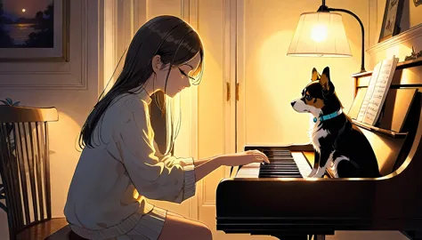 a dusk,
a girl sits in a cozy corner, draw a piano.
the soft yellow light of a desk lamp illuminates her thoughtful expression, ...