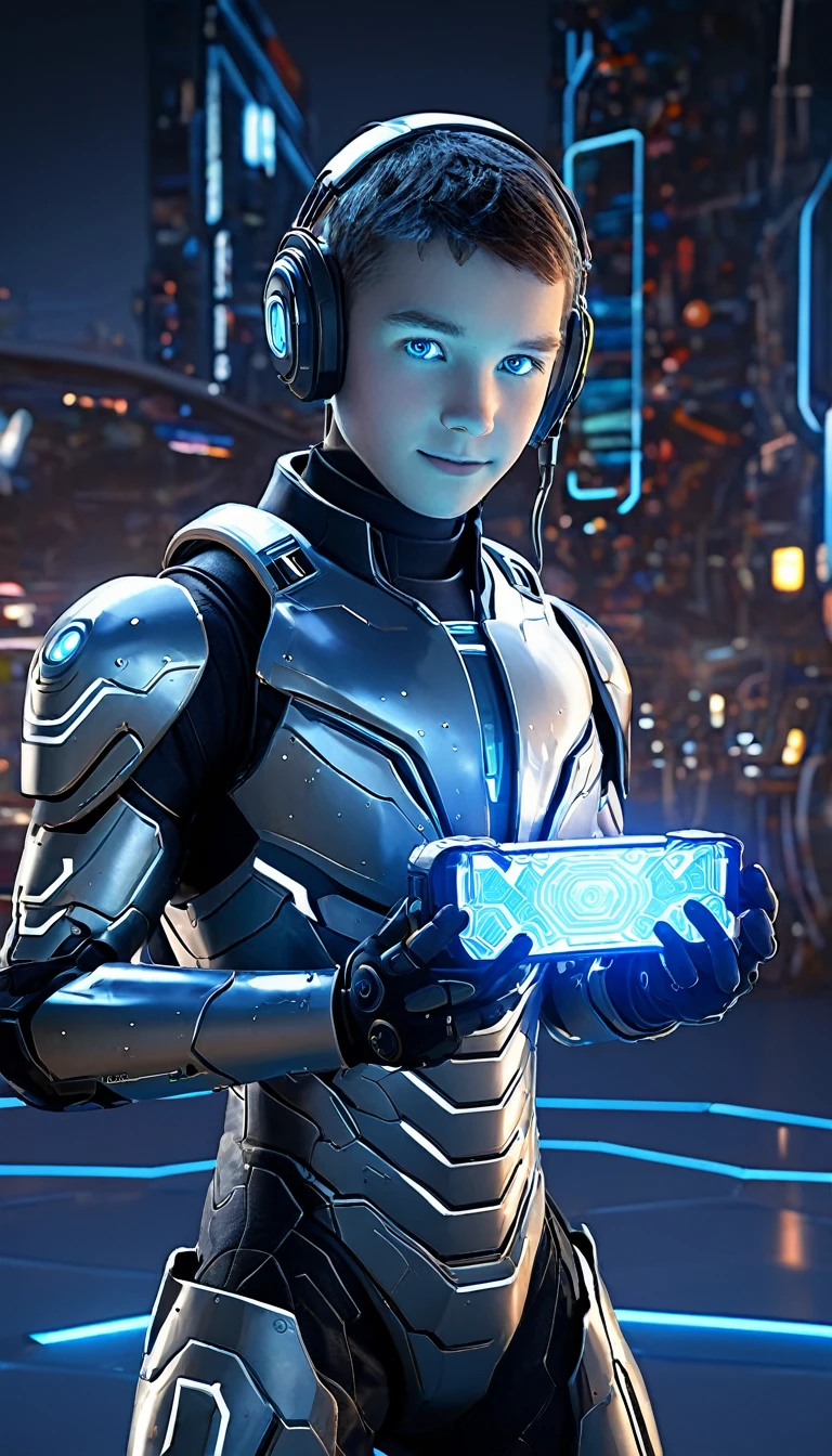 Create a futuristic gamer-style representation of Playground.AI. The character should have a high-tech look, with futuristic armor and technological accessories. His eyes could glow with cybernetic light, and he could hold a holographic device or futuristic game controller in his hands. The background should be a virtual 3D environment, with video game elements and digital interfaces. The image should evoke the idea of a playful mind evolving in an advanced, technological virtual world.
