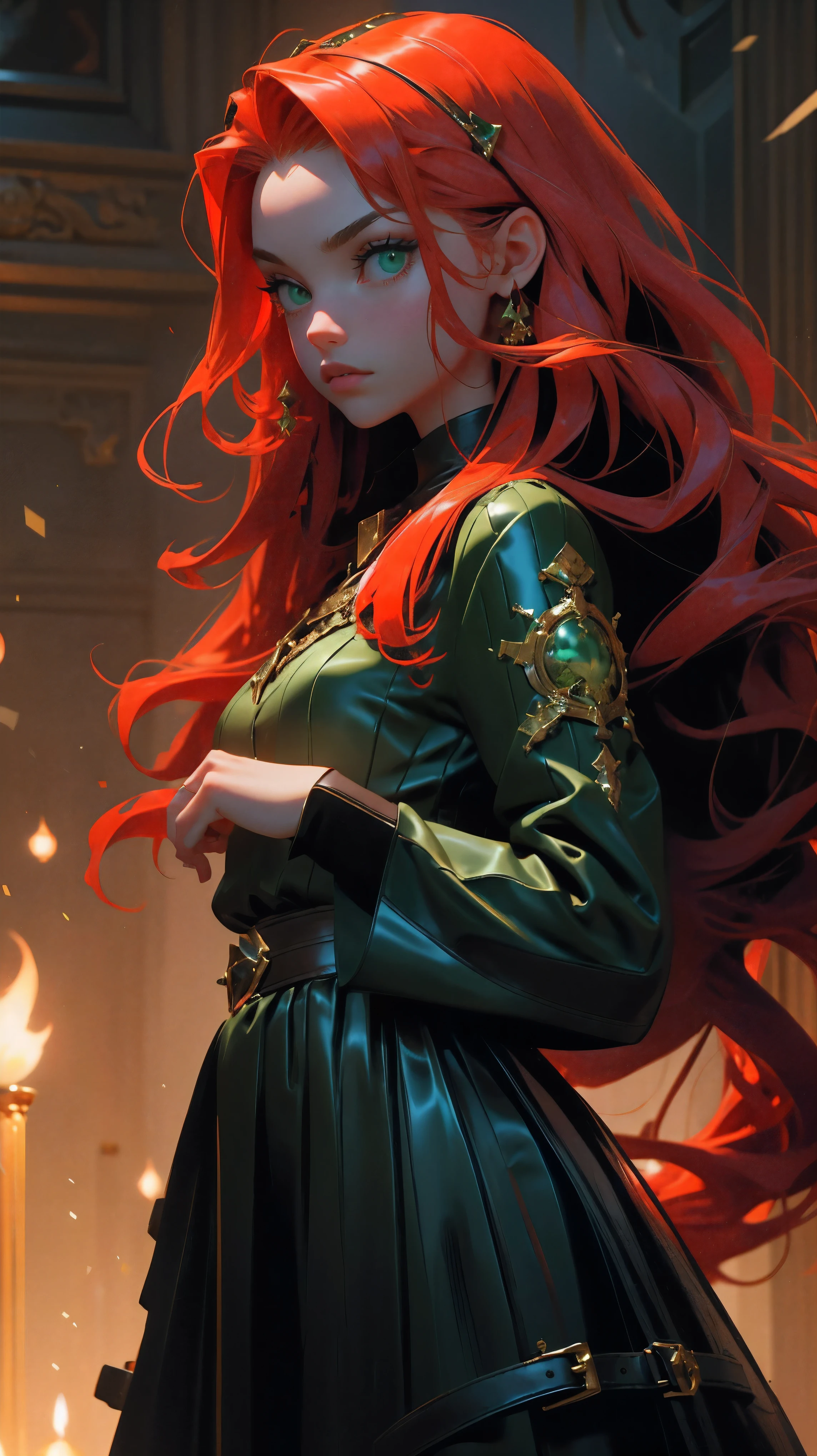 beautiful young girl, red long hair, green cat eyes, black leather dress, girl holding a red cat, 8k, high detailed, high realism, dark fantasy art