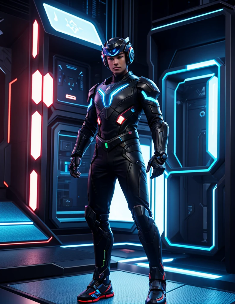 Create a futuristic gamer-style representation of Playground.AI. The character should have a high-tech look, with futuristic armor and technological accessories. His eyes could glow with cybernetic light, and he could hold a holographic device or futuristic game controller in his hands. The background should be a virtual 3D environment, with video game elements and digital interfaces. The image should evoke the idea of a playful mind evolving in an advanced, technological virtual world.
