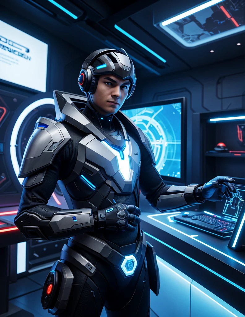 Create a futuristic gamer-style representation of Playground.AI. The character should have a high-tech look, with futuristic armor and technological accessories. His eyes could glow with cybernetic light, and he could hold a holographic device or futuristic game controller in his hands. The background should be a virtual 3D environment, with video game elements and digital interfaces. The image should evoke the idea of a playful mind evolving in an advanced, technological virtual world.
