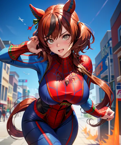 nicenature ,Beautiful woman ,detailed the outlined body with Spider-Man cosplay, very large breasts,tits big