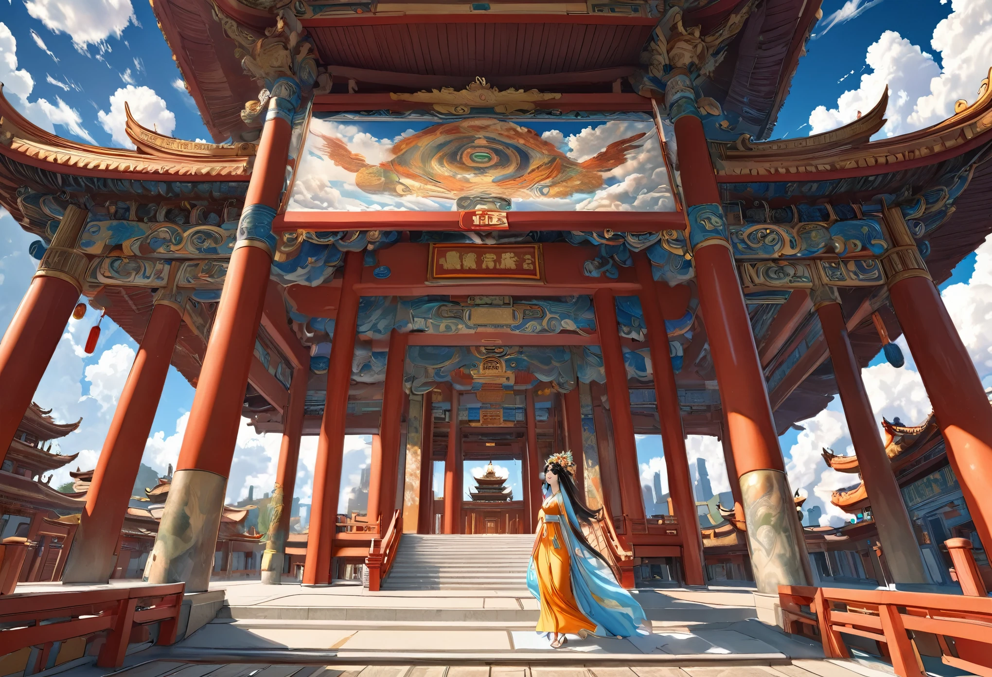 (masterpiece, best quality:1.2), see_style,1 person,girl,goddess,Auspicious Clouds,Temple,myth,cartoon,Octane Render