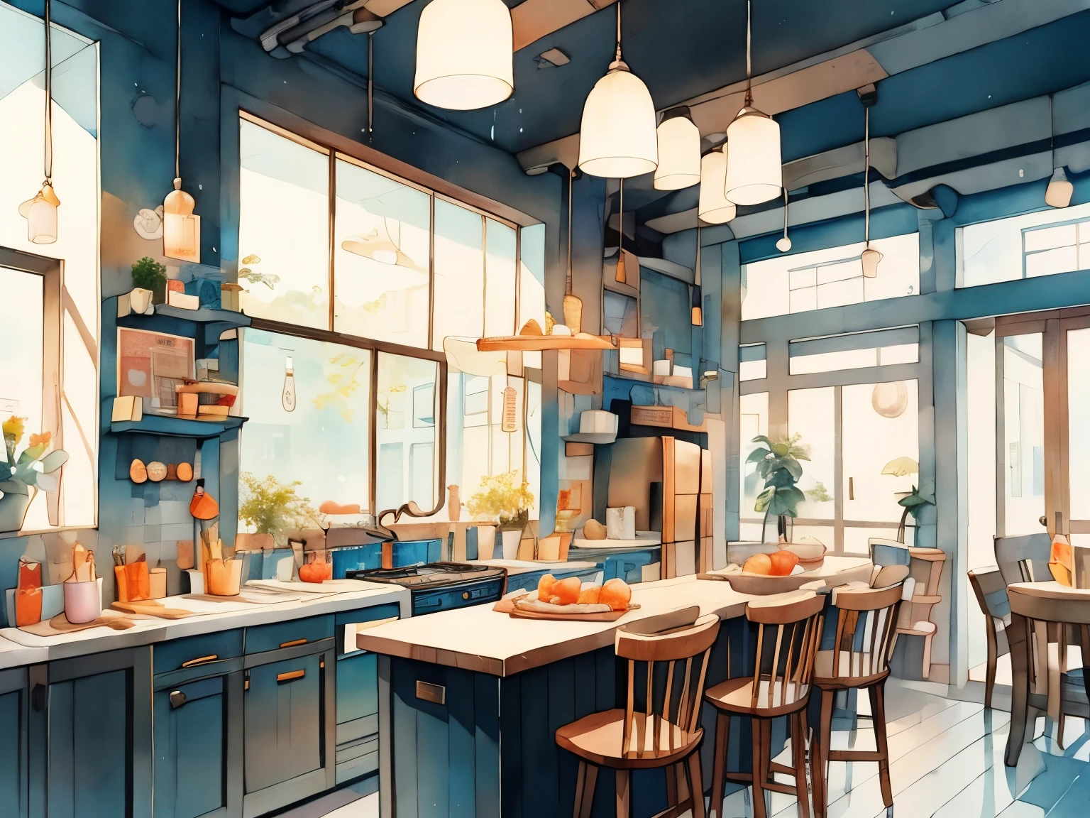 Baking house decorated with artistic creative decoration，colorful mural、Lighting Design、The baking house has a comfortable and warm environment，Beautifully furnished、All utensils are available