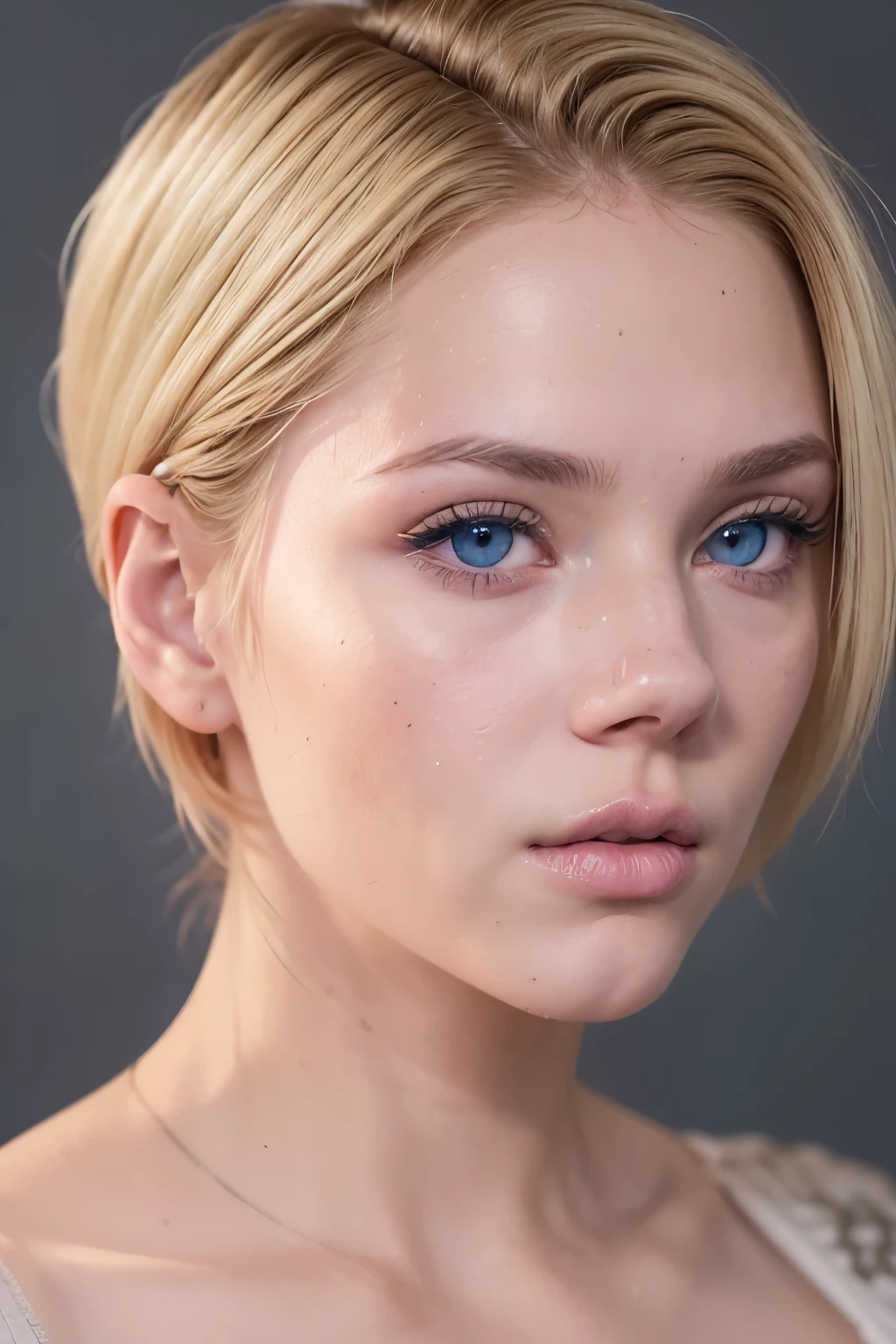 ((Visage d&#39;AlexiaThompson01R)). fond blanc. Beau. parfait, cheveux blond, cheveux courts, yeux bleus. regard fermé. Oeil bleu vif. cheveux lâches. cheveux tombant sur un œil. Lèvres roses. parfait, peau blanche. nez fin, menton fin. (emplacement: prison, cellule, prison)(fille de prison, vêtements de prison, uniforme de prisonnier)