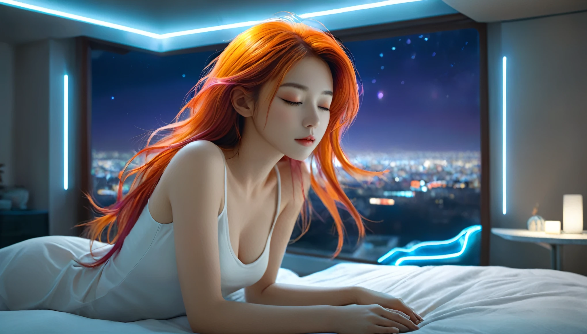 (best quality,8k,ultra-detailed:1.2),(CG,CG art,3D rendering),(masterpiece:1.2),（Crawling on the table），（Sexy clothing），(movie lighting,futuristic),(woman lying in bed,sleeping,closed eyes),(large window behind her,tranquil night),(colorful hair:1.5)