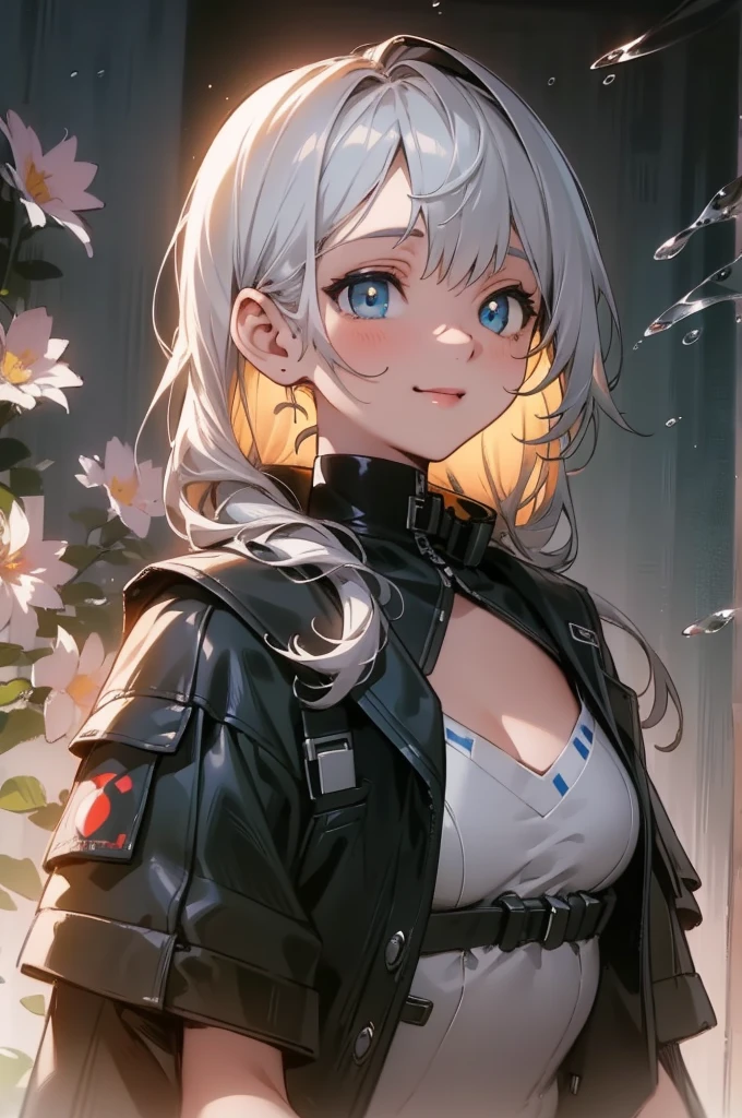 masterpiece, best quality, 4K, Ultra HD, Sansho Castle, , Beautiful eyes and delicate face, illustration, Beautiful and detailed, high resolution illustration, luminescent_White_particle, 1 Girl, White hair, water blue eyes, Hair covering one eye, Short side details, Baseball cap,Mysterious smile, curtain, Black jacket, Chest hanging, Cyberpunk, Technical clothing,(Impressionism:1.4).plump breasts,Deep V collar.