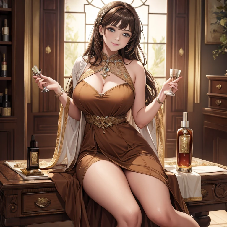 ((masterpiece,highest quality)), 4K, High resolution, One girl, alone, smile, Brown Dress, (Perfumer&#39;s Outfit 2:1.2), 、Camel Toe、Giant tit、Nipple Puffs、Cleavage、Plump、Super big breasts、Super big butt、Fragrance、perfume