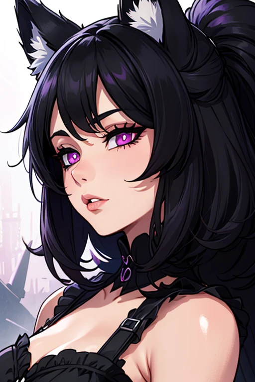 A black haired woman with violet eyes with an hourglass figure with black fox ears and a black fox tail in a Gothic lolita dress is walking in the park at night