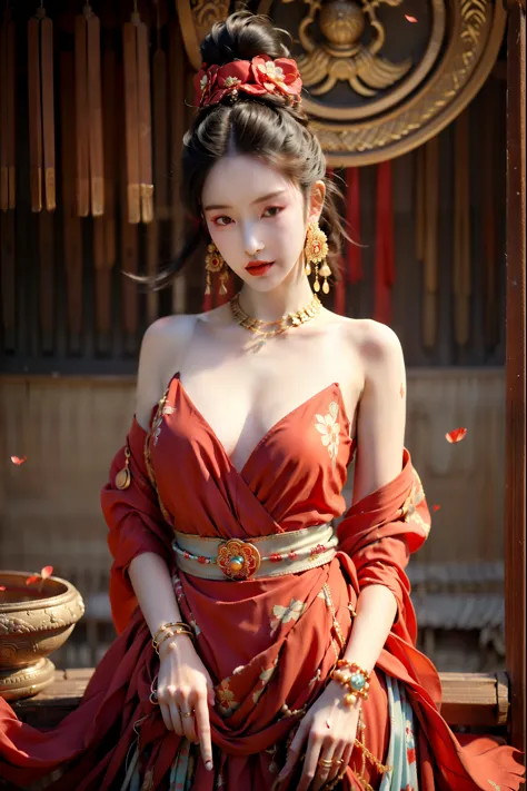 xuer Dunhuang,1girl,jewelry,earrings,solo,hair ornament,chinese clothes,flower,black hair,red lips,hair flower,bare shoulders,ma...