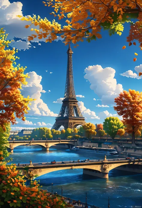 gangfeng,eiffel tower,paris,sunny day,clouds,trees,seine river,bridge,autumn leaves,vibrant,clear weather,bright,scenic,nature,c...