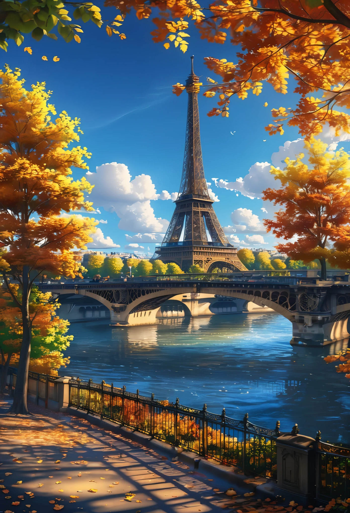 gangfeng,eiffel tower,paris,sunny day,clouds,trees,seine river,bridge,autumn leaves,vibrant,clear weather,bright,scenic,nature,calm waters,idyllic.,