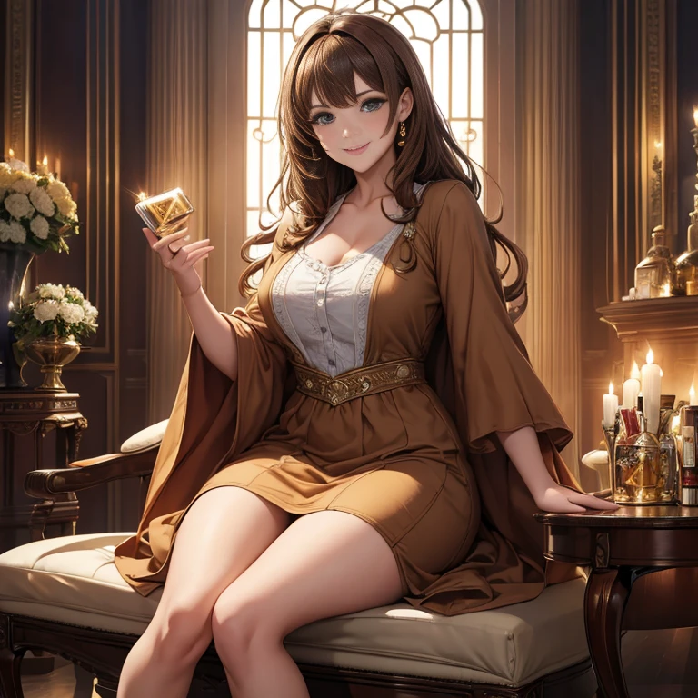 ((masterpiece,highest quality)), 4K, High resolution, One girl, alone, smile, Brown Dress, (Perfumer&#39;s Outfit 2:1.2), 、Camel Toe、Giant tit、Nipple Puffs、Cleavage、Plump、Super big breasts、Super big butt、Fragrance、perfume、cigarette