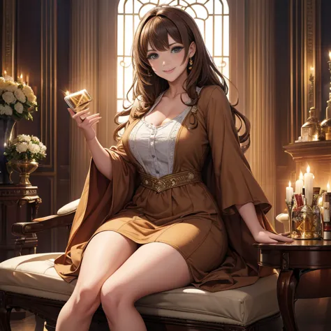 ((masterpiece,highest quality)), 4k, high resolution, one girl, alone, smile, brown dress, (perfumer&#39;s outfit 2:1.2), 、camel...