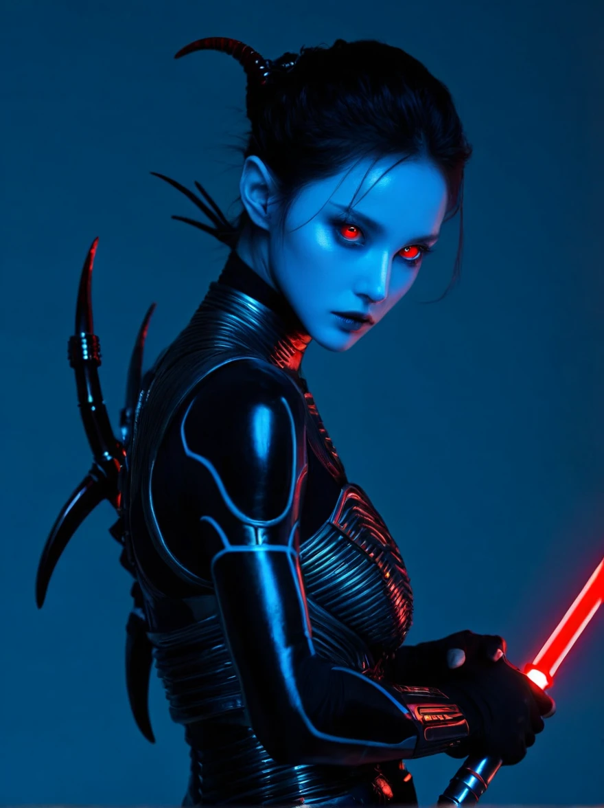 (A strange looking female alien:1.4), Red-glowing eyes, open mouth, Sharp Teeth, Mucus, Aesthetic physique, (Strange looking alien), Fighting Stance, Lightsaber in hand，Artistic Photo, 8k, Looking at the camera, Light background, Pretty Face, Blue Skin，Large Breasts。