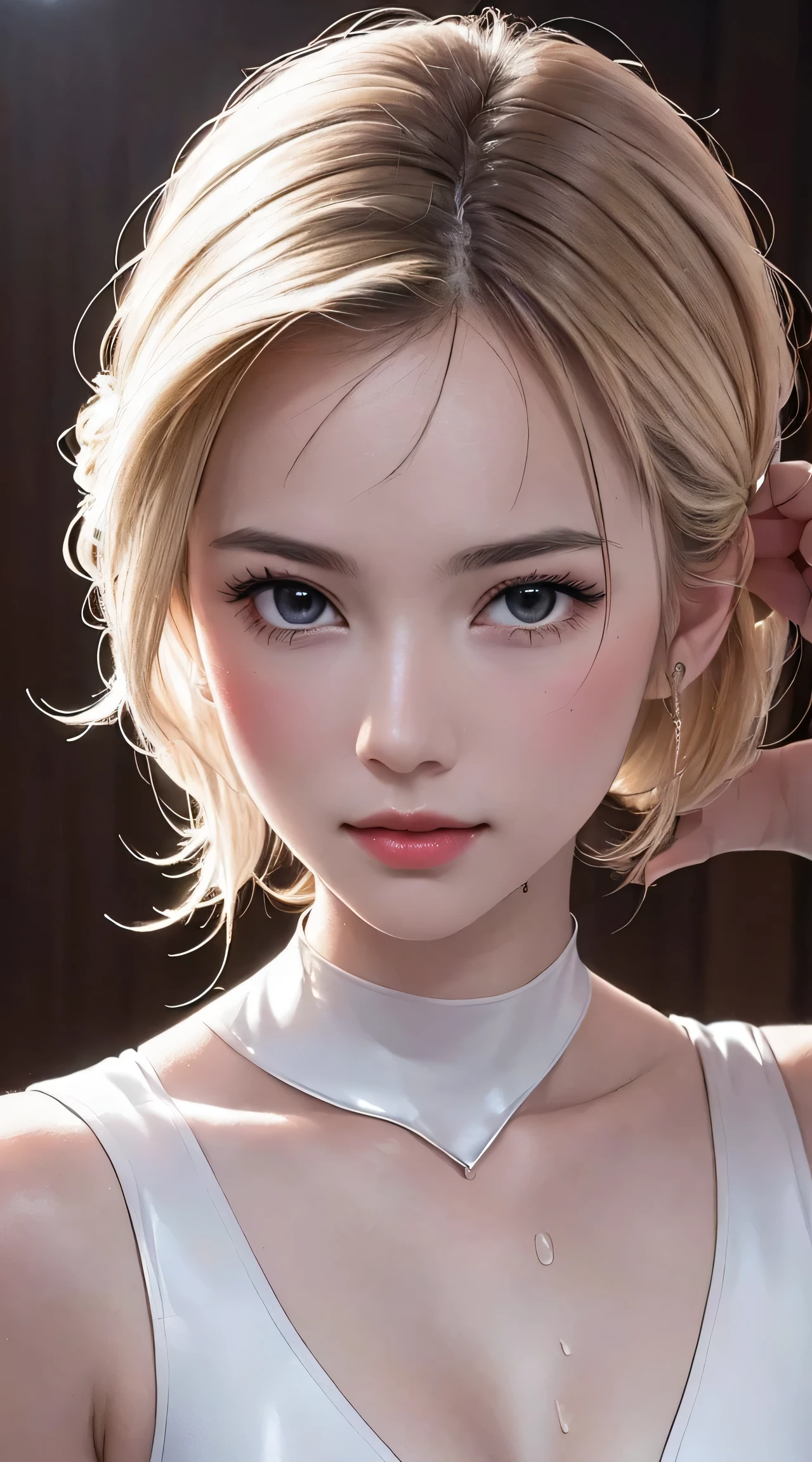 (8K, RAW Photos, of the highest quality, Masterpieces: 1.2), (Realistic, Photorealistic: 1.37), Highest Quality, Ultra High Resolution, Focused eyes, light leaks, Dynamic lighting, Slim and smooth skin, (face close-up:1.1), (Soft Saturation: 1.6), (Fair skin: 1.2), (Glossy skin: 1.1), (Oiled skin:1.2), 18 years old, rainy Night, Indoor, Strong neon light , hard rain,
BREAK, shiny white blonde, Well-formed, (Hair fluttering in the wind:0.9), (Close-up shot of face only:1.2), Physically Based Rendering, From multiple angles, (Cute:1.2), Beautiful hair blowing in the wind, all-fours, Chest is sheer, Well equipped, Sheer, Transparent, Glittering Gemstones, Beautiful body shape, It features a simple, BREAK, Hair volume decreases towards the ends of the hair, Beautiful skin without blemish, (thin transparent white leotard costume:1.2), Sparkly lips, The air is clear, shiny white blonde hair, Light is coming in from various directions, Hair is through strong light, (Erotic:1.3), (Bare chest:1.2), (Small breasts:1.2), Under the breasts, narrow waist, narrow shoulders, gazing at viewer, Big smile, old downtown, Bathing, short hair, damaged, (water bottle:1.2), she is chugging bottles,