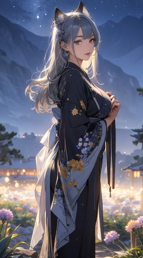 masterpiece, high quality, 4k, beautiful design, silhouette，gray hair， 非常に詳細な夜のstarry sky,flower field， wonderful, finer details...