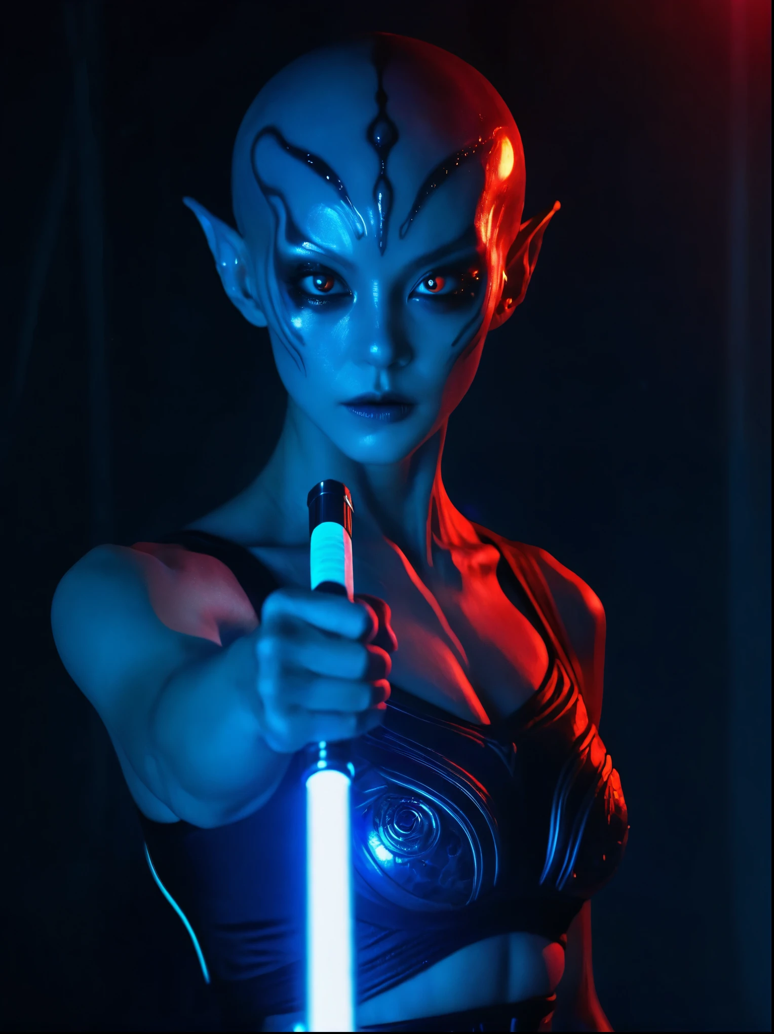 (A strange looking female alien:1.4), Red-glowing eyes, open mouth, Sharp Teeth, Mucus, Aesthetic physique, (Strange looking alien), Fighting Stance, Lightsaber in hand，Artistic Photo, 8k, Looking at the camera, Light background, Pretty Face, Blue Skin，Large Breasts。