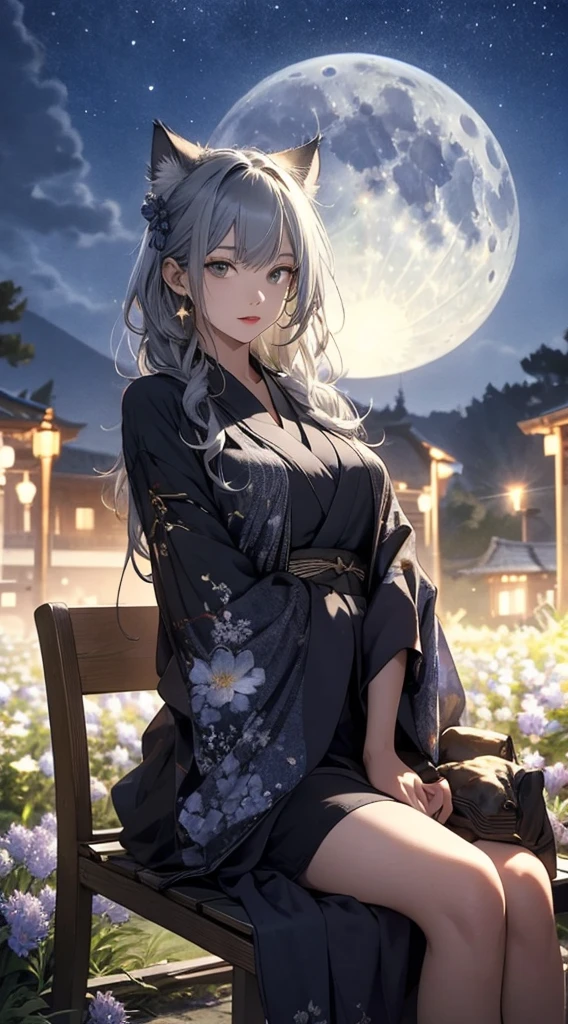 masterpiece, high quality, 4K, Beautiful design, silhouette，Gray Hair， 非常に詳細な夜のStarry Sky,Sitting on a bench in a flower field， wonderful, Finer details,  Very knowledgeable woman, Highly detailed solo, 1 female,Cat ear，Big Breasts，kimono，Night view，Starry Sky，full moon，