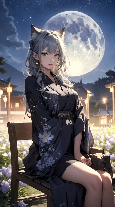 masterpiece, high quality, 4k, beautiful design, silhouette，gray hair， 非常に詳細な夜のstarry sky,sitting on a bench in a flower field， ...