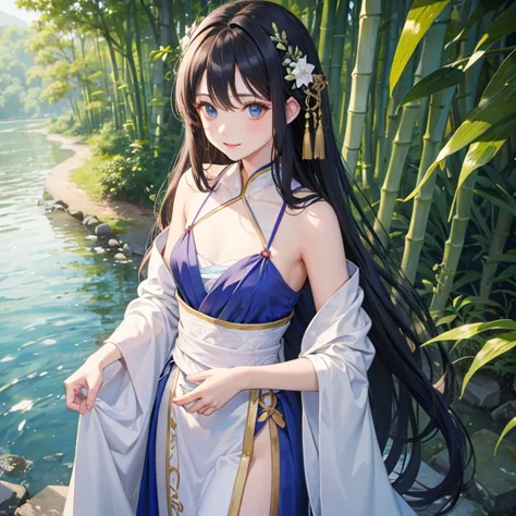 wallpaper, highly detailed, illustration, 1 girl, azure hair, long hair, detailed eyes, forrest, bare shoulders, hanfu,lakes, pu...