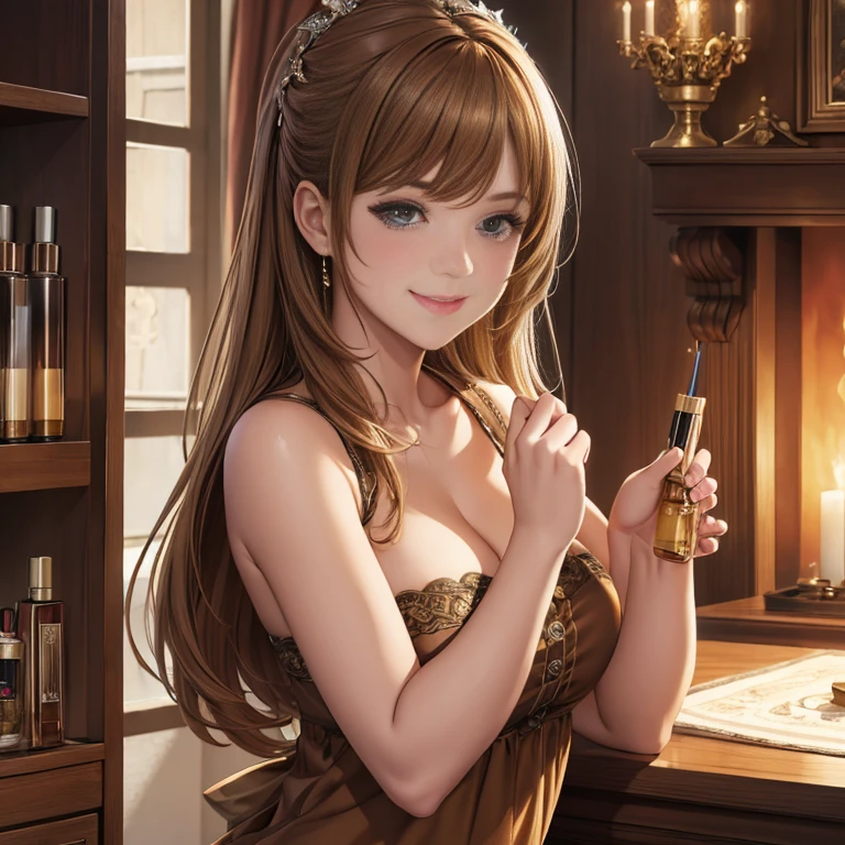 ((masterpiece,highest quality)), 4K, High resolution, One girl, alone, smile, Brown Dress, (Perfumer&#39;s Outfit 2:1.2), 、Camel Toe、Giant tit、Nipple Puffs、Cleavage、Plump、Super big breasts、Super big butt、Fragrance、perfume、(cigarette、Super sensitivity、Super sensitive body、Drip a large amount of love juice、Drooling a lot、Sweating profusely、Open your mouth wide、Sticking out a long tongue、Ecstasy、Overflowing body fluids、Squirting、Peeing、(Gem)