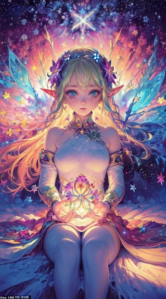 (masterpiece, best quality:1.2),1 elf girl,blonde lomg hair,(abstract art:1.3),(Psychedelia Theme:1.3),(Snow World:1.5),(many stars are falling:1.5),A ray of light spreads,Crystals spreading from the cente,(colorful flower:1.5),(firefly:1.2),intricate details