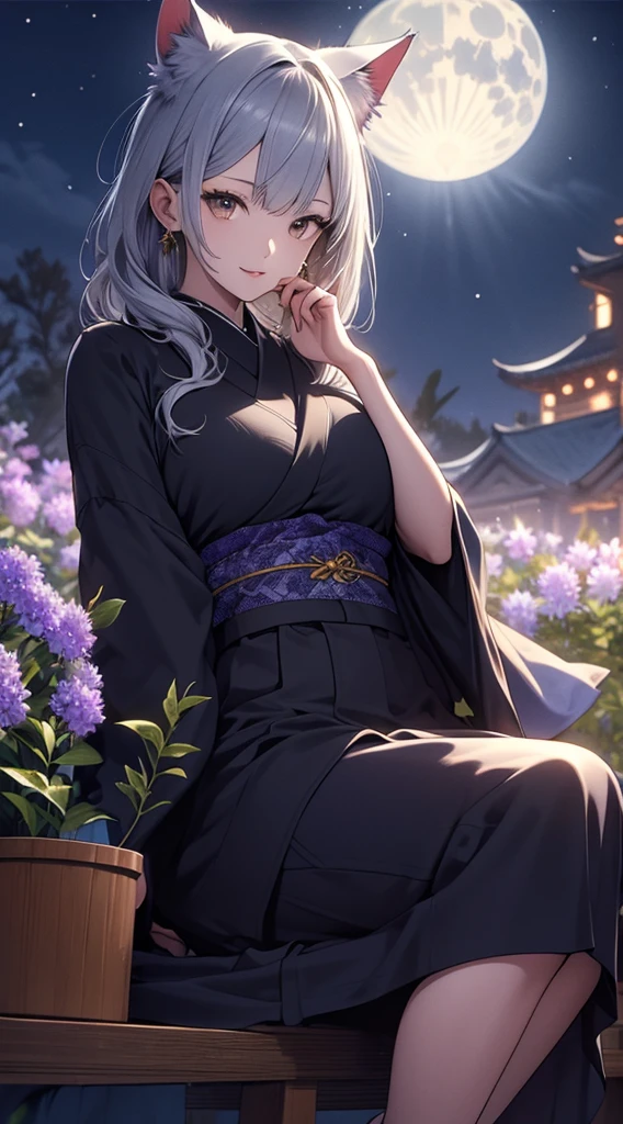 masterpiece, high quality, 4K, Beautiful design,　Gray Hair， 非常に詳細な夜のStarry Sky,Sitting on a bench in a flower field， wonderful, Finer details,  Very knowledgeable woman, Highly detailed solo, 1 female,Cat ear，Big Breasts，kimono，Night view，Starry Sky，full moon，