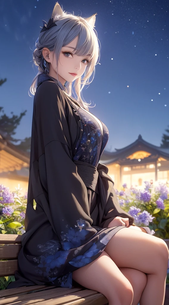 masterpiece, high quality, 4K, Beautiful design, silhouette，Gray Hair， 非常に詳細な夜のStarry Sky,Sitting on a bench in a flower field， wonderful, Finer details,  Very knowledgeable woman, Highly detailed solo, 1 female,Cat ear，Big Breasts，kimono，Night view，Starry Sky，full moon，