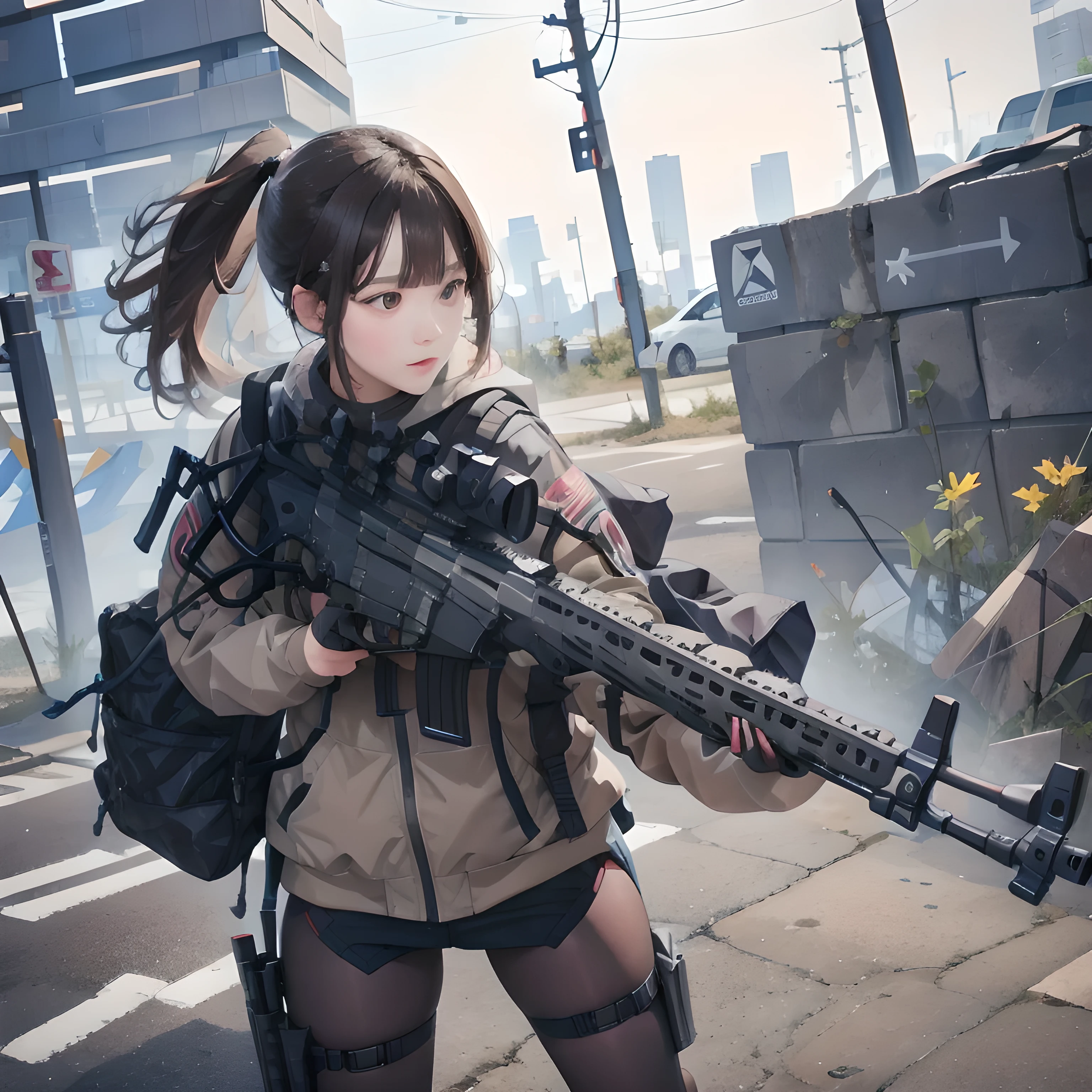 Girl shooting pose, One Girl, Shooting with an assault rifle, Sophisticated Assault Rifle, High-performance assault rifle, Dynamic Perspective, 