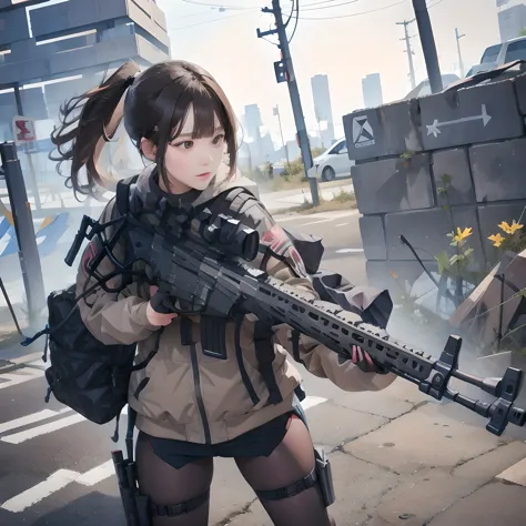 Girl shooting pose, One Girl, Shooting with an assault rifle, Sophisticated Assault Rifle, High-performance assault rifle, Dynam...