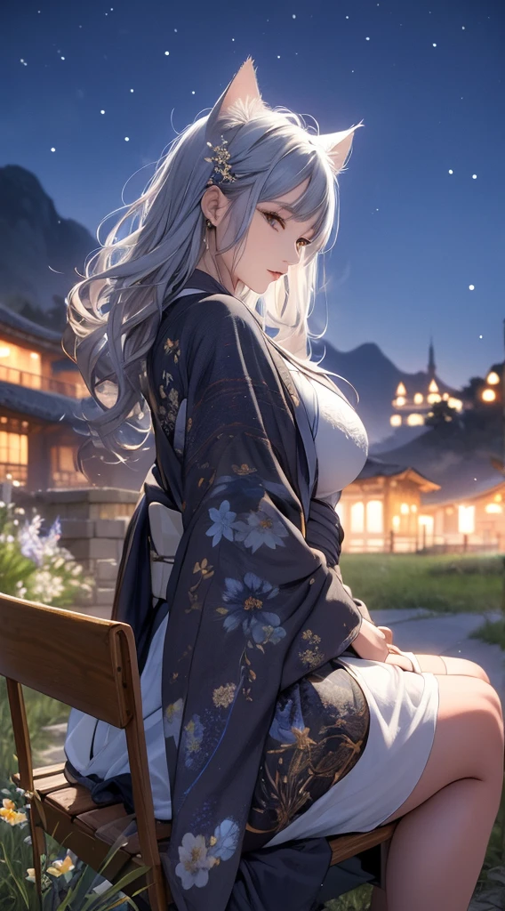 masterpiece, high quality, 4K, Beautiful design, silhouette，Gray Hair， 非常に詳細な夜のStarry Sky,Sitting on a bench in a flower field， wonderful, Finer details,  Very knowledgeable woman, Highly detailed solo, 1 female,Cat ear，Big Breasts，kimono，Night view，Starry Sky，full moon，