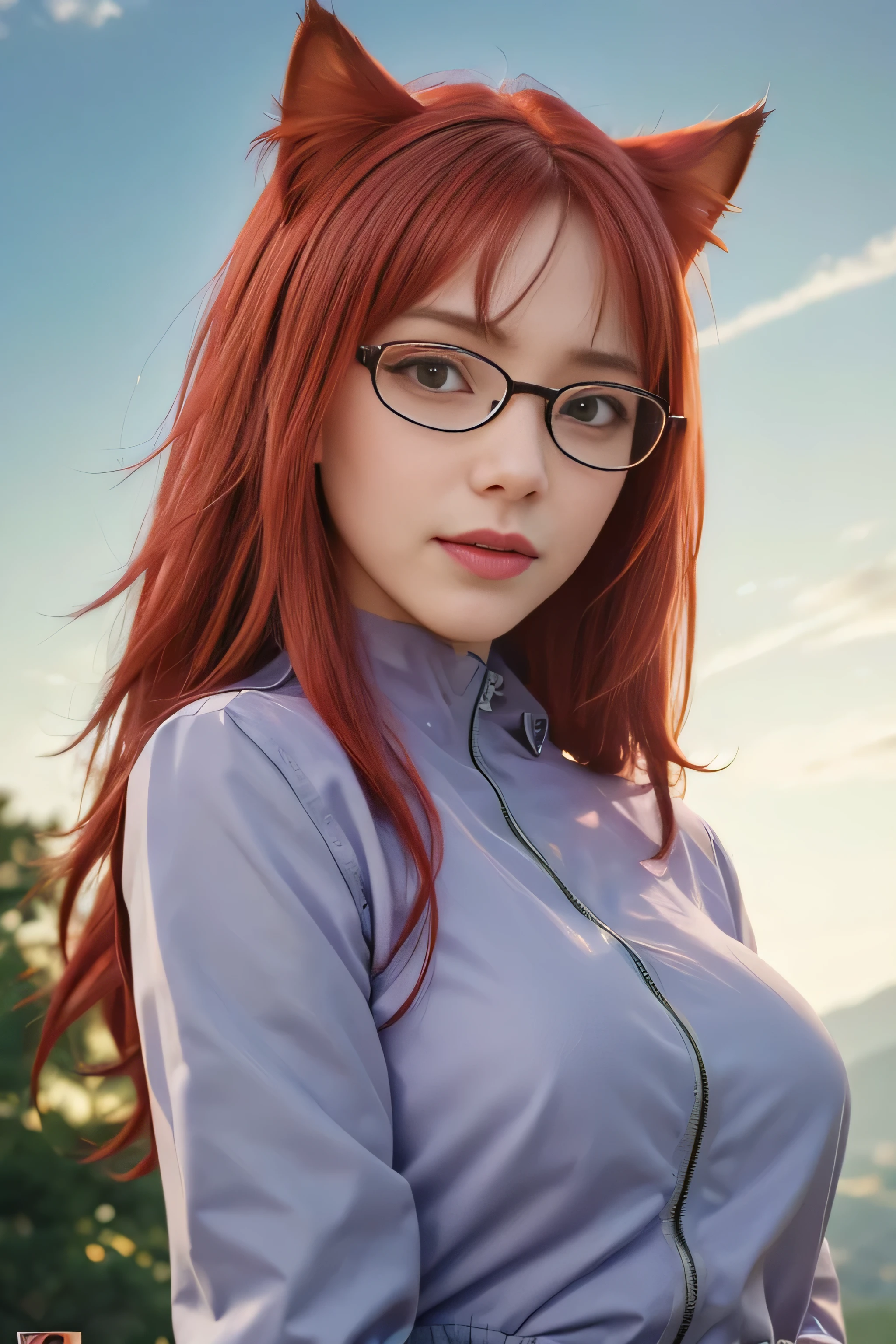 masterpiece, best quality, (realistic,photo-realistic:1.4), (RAW photo:1.2), extremely detailed CG unity 8k wallpaper, delicate and beautiful, amazing,finely detail, official art, absurdres, incredibly absurdres, huge filesize, ultra-detailed,extremely detailed eyes and face,light on face,karin uzumaki,(little smile),(red hair:1.4),(long hair:1.6),(wearing purple jacket:1.5),(wearing glasses:1.4),nature,cat ears