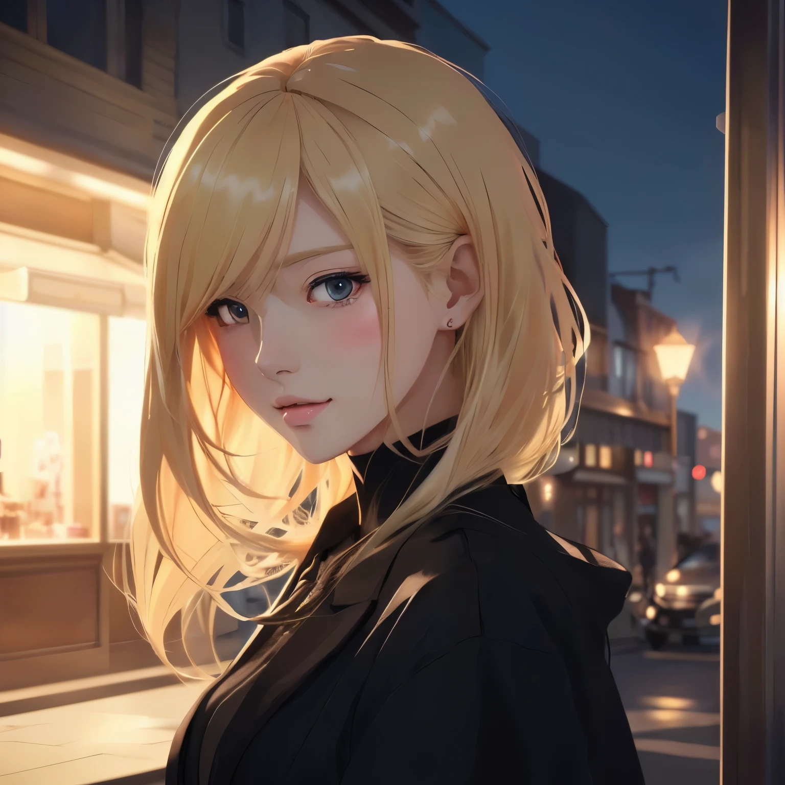 Una mujer rubia de pelo largo parada frente a una tienda., estilo animado. 8K, estilo animado 4 k, Obra de arte estilo Gweiz, hermosos retratos de anime, ilustración de anime digital, estilo animado portrait, estilo anime realista 3D, retrato de chica anime, retrato de chica anime, estilo de arte anime realista, arte animado digital