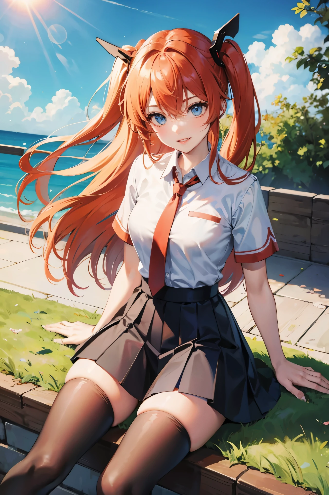 1girl, souryuu asuka langley, solo, thighhighs, blue eyes, long hair, skirt, orange hair, necktie, shirt, sitting, looking at viewer, white shirt, breasts, black thighhighs, black skirt, short sleeves, bangs, red necktie, hair between eyes, sky, miniskirt, collared shirt, zettai ryouiki, day, smile, parted lips, blue sky, thighs, pleated skirt, medium breasts, outdoors, headgear, two side up, mechanical arms
