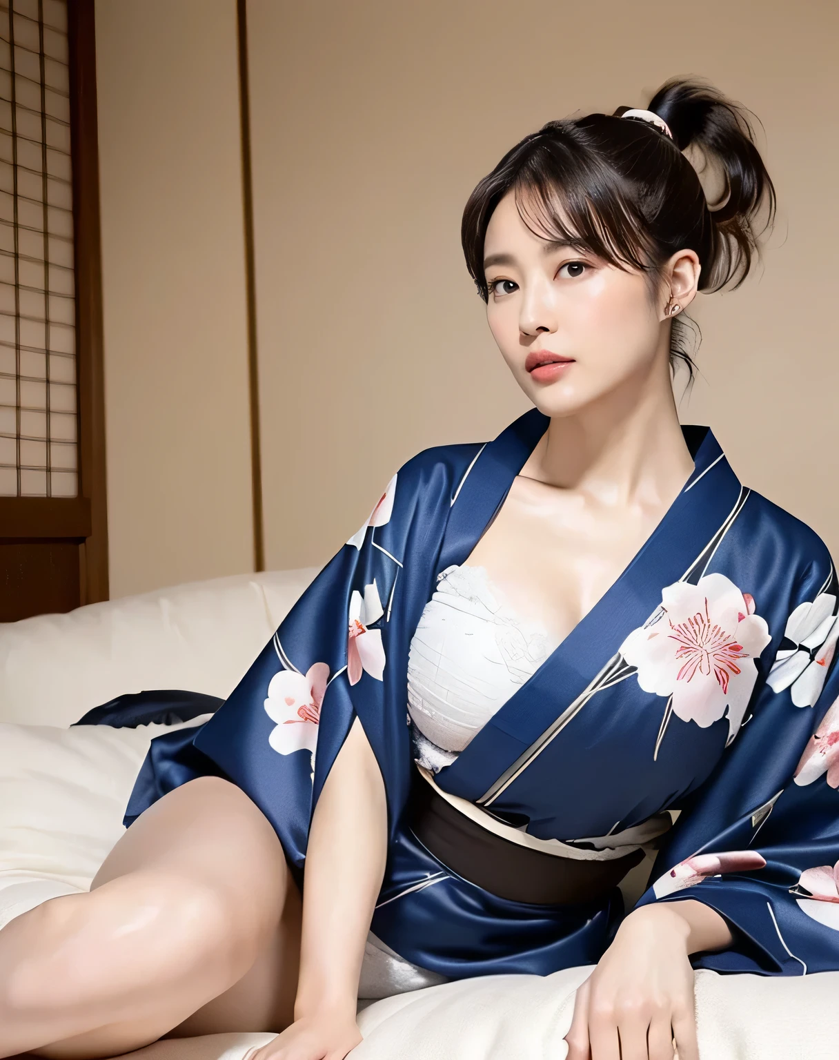 (kimono, Webbing, Complex Blue:1.4),
((highest quality, 8k, masterpiece: 1.3)), Perfect body beauty: 1.4, (Breast A cup:1.2), Small breasts, Round shaped breasts, Perfectly shaped breasts, Highly detailed face, Beautiful woman, (Dark brown shortcuts), Slim face, Highly detailed face and skin texture, Highly detailed lips, (Realistic:1.4),

((30 years old, Beautiful Married Woman:1.2)),

((Laying a white futon in a Japanese-style room, Sit on the futon with your legs stretched out:1.2)), 
((Dark room, Lantern)), 
((Blushing)),
((Breast enlargement,Flat Chest:1.2)),

Narrow shoulders, Long, slender legs, Thin waist, 
Ultra-detailed skin, Glossy Skin, Ultra detailed face, 
Ultra-detailed eyes, Slit eyes, Brown eyes, double eyelid, Beautiful thin eyebrows, Thin, long eyelashes, 
Ultra-detailed lips, Fuller lips, Glossy pink lips, Flushed Cheeks, White teeth, 
Beautiful actress&#39;s languid make-up, Pink lipstick, Smoky eyeshadow, Eye foundation, 
Dark brown hair, Delicate and soft hair, Hair blowing in the wind, 
(Elegantly putting your hair up, short hair, ponytail:1.5), Layered Cut, (Blunt bangs:1.2),
