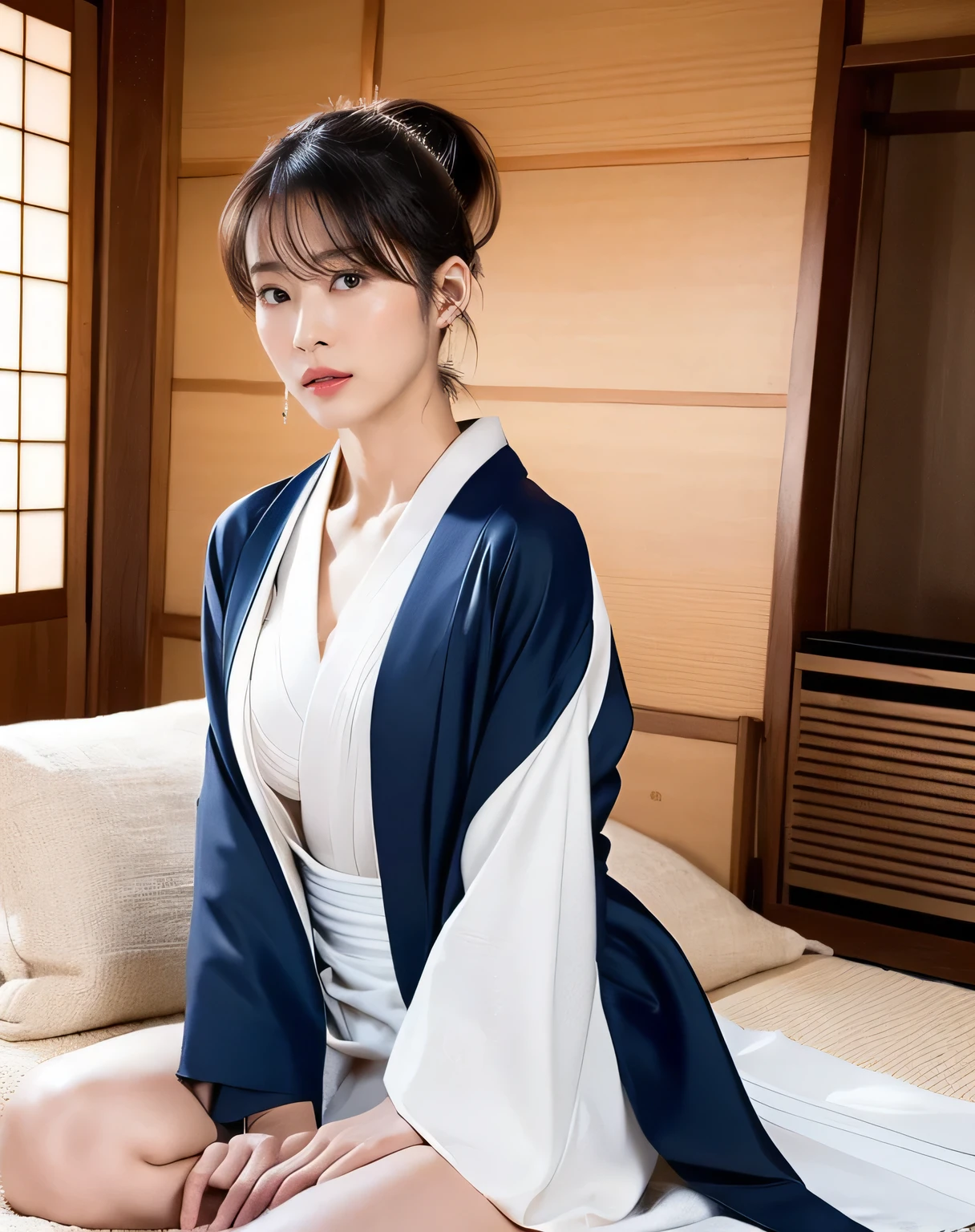 (kimono, Webbing, Complex Blue:1.4),
((highest quality, 8k, masterpiece: 1.3)), Perfect body beauty: 1.4, (Breast A cup:1.2), Small breasts, Round shaped breasts, Perfectly shaped breasts, Highly detailed face, Beautiful woman, (Dark brown shortcuts), Slim face, Highly detailed face and skin texture, Highly detailed lips, (Realistic:1.4),

((30 years old, Beautiful Married Woman:1.2)),

((Laying a white futon in a Japanese-style room, Sit on the futon with your legs stretched out:1.2)), 
((Dark room, Lantern:1.2)), 
((Blushing)),
((Breast enlargement,Flat Chest:1.2)),

Narrow shoulders, Long, slender legs, Thin waist, 
Ultra-detailed skin, Glossy Skin, Ultra detailed face, 
Ultra-detailed eyes, Slit eyes, Brown eyes, double eyelid, Beautiful thin eyebrows, Thin, long eyelashes, 
Ultra-detailed lips, Fuller lips, Glossy pink lips, Flushed Cheeks, White teeth, 
Beautiful actress&#39;s languid make-up, Pink lipstick, Smoky eyeshadow, Eye foundation, 
Dark brown hair, Delicate and soft hair, Hair blowing in the wind, 
(Elegantly putting your hair up, short hair, ponytail:1.5), Layered Cut, (Blunt bangs:1.2),
