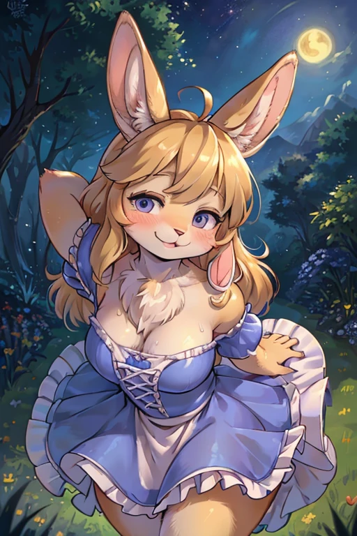 draw by Gogh , hairy bunny mom , (realistic hairy bunny fur:1.5) , round face , (tilt face:1.2) , (half-open eyes:1.5) , moist round eyes , Swollen cheeks , Seduction smile , glossy lips , Curly hair , princess dress , Alice in Wonderland , twilight , Adorable gestures , dynamic angle , nag factor , Gently guide , labyrinth , can not stand it any longer