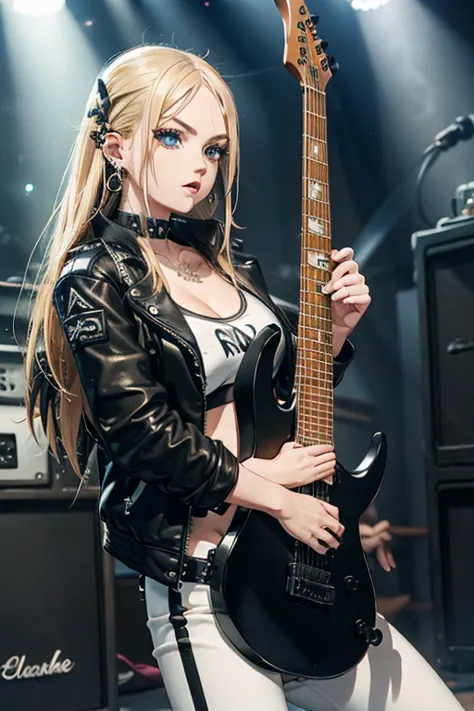 Realistic:1.2, Rocker girl in leather jacket,Slim figure、Normal bust size、 highly Realistic photograph, whole body、, １2 electric...