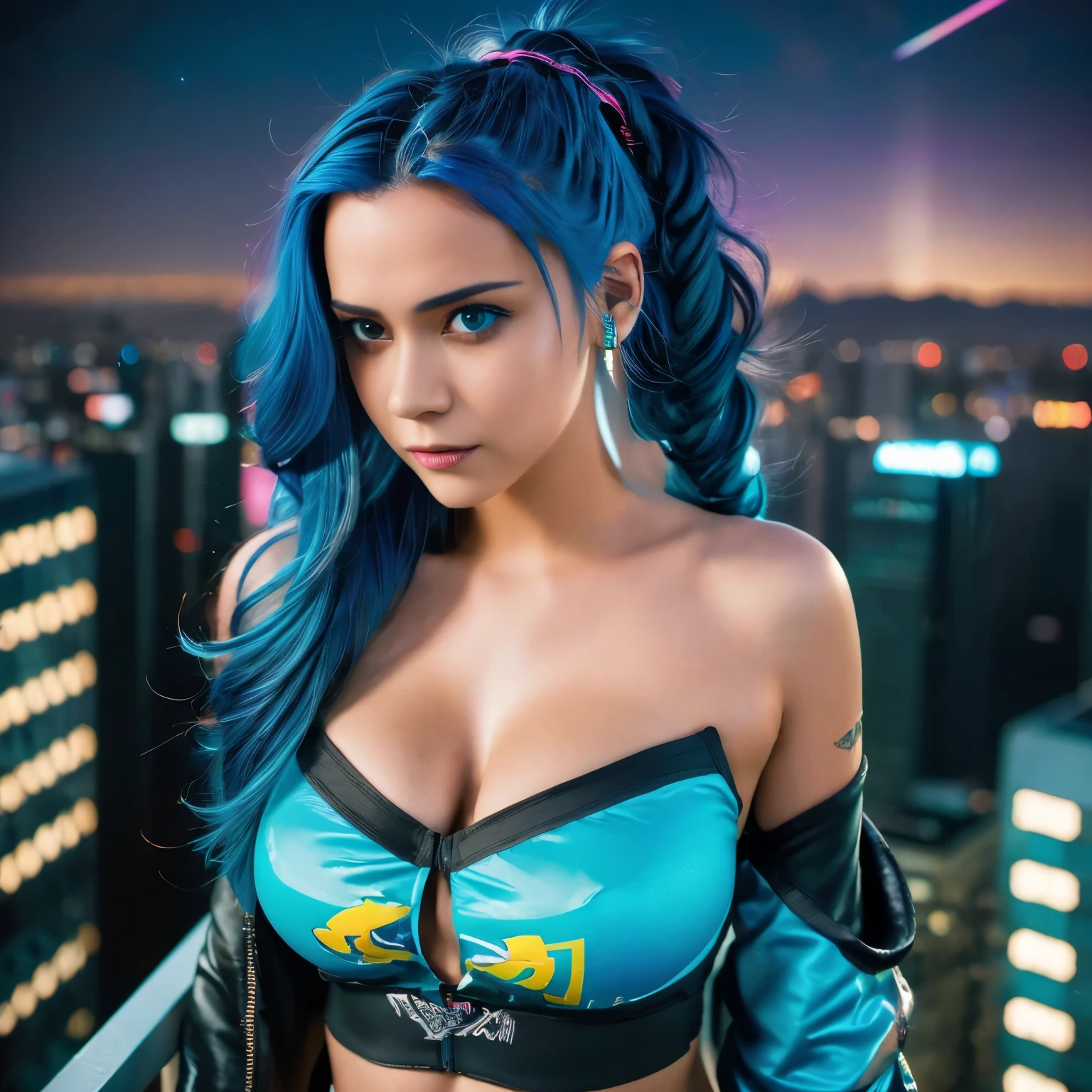 (masterpiece), best quality, ultra high res,, cyberpunk 1girl flying above stunning cityscape ,hoodie,blue hair,  neon color shooting stars, very long hair, off shoulder, feather hair ornament, neon colors, flashes, stunning night sky, cinematic lighting, photorealistic, realistic skin, HDR,fisheye